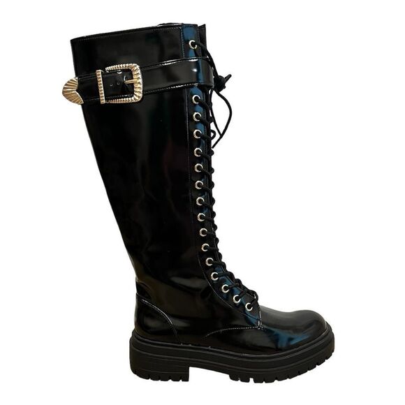 GIANNI BINI Skyscraper Black Lace Up Knee High Boot Size 6 - Picture 1 of 10